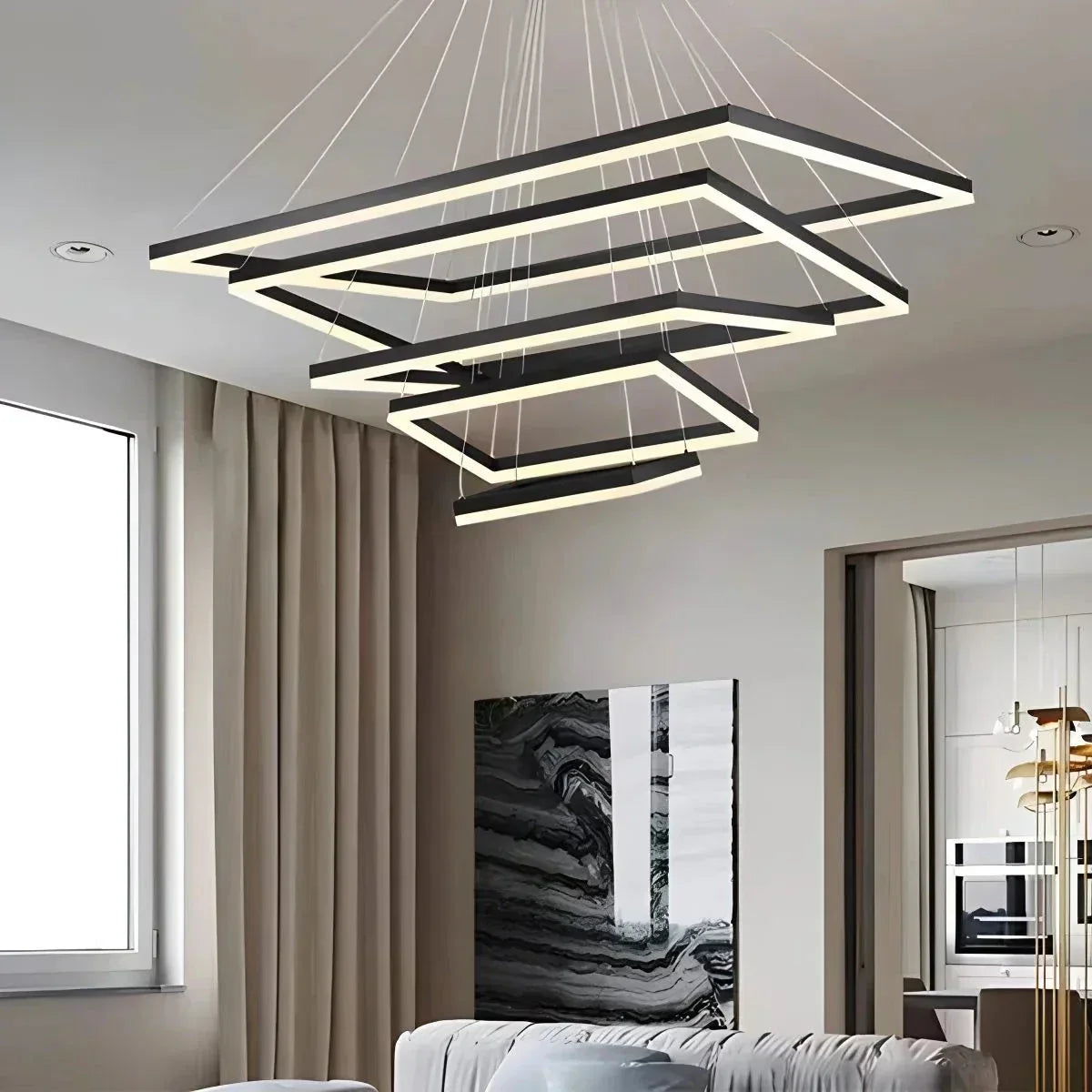 Modern Black Tiered Rectangular Chandelier For Contemporary Interiors | Ventumra