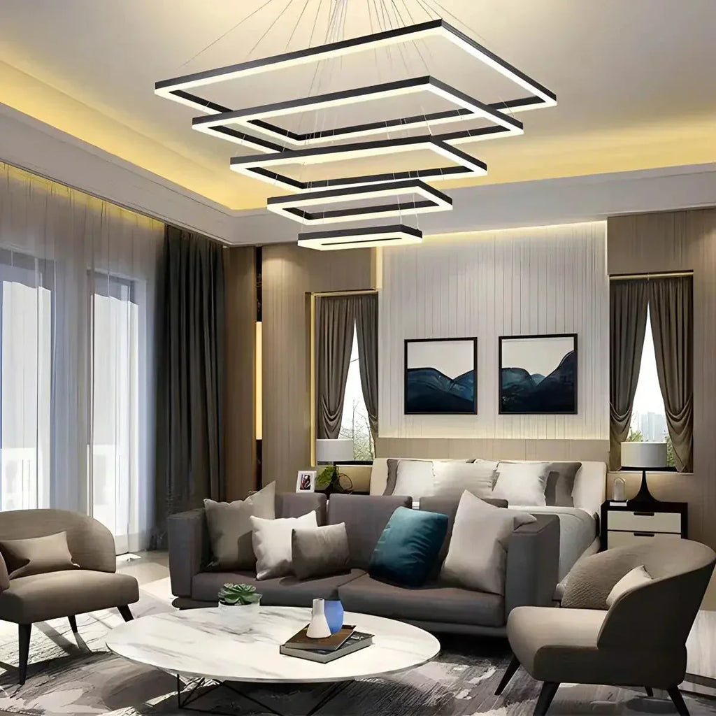 Modern Black Tiered Rectangular Chandelier For Contemporary Interiors | Ventumra