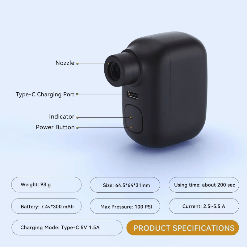 Rechargeable Mini Bike Pump — 100 PSI, USB-C Charging, Portable Design