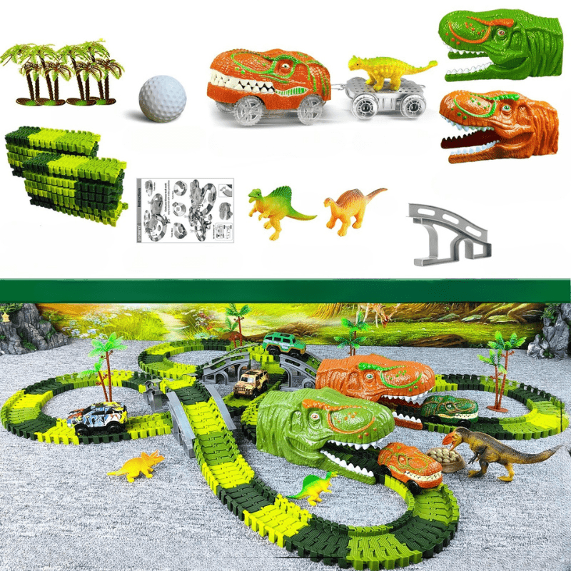 Jurassic-Track-Abenteuer-Interaktives-Dinosaurier-Zugset — Modulare Gleisstücke, schiebebetriebene Lokomotiven, ab 3 Jahren