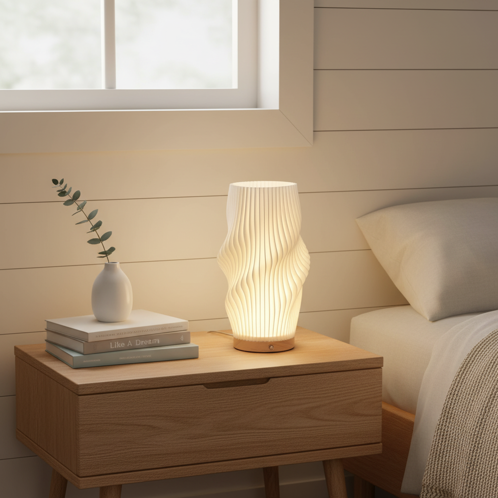 Velo LED-skrivebordslampe med skulpturel silhuet og varmt, stemningsfuldt lys | Ventumra