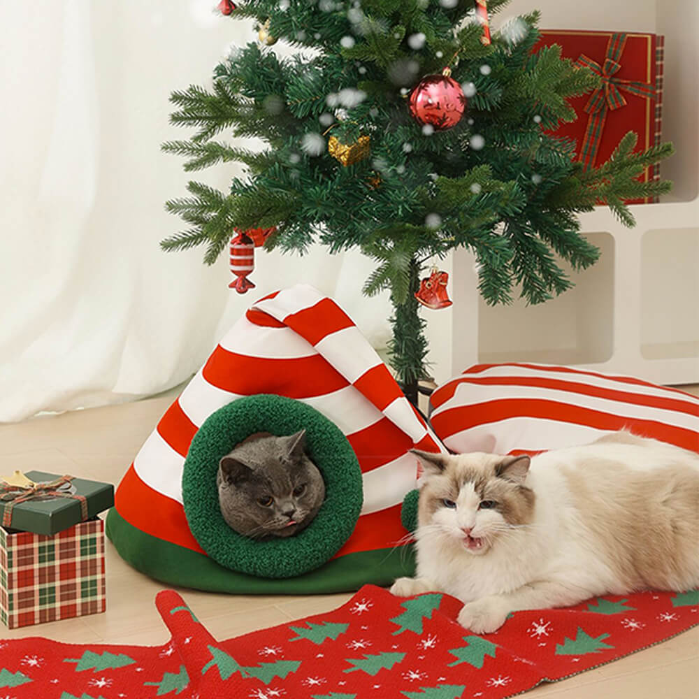 HolidayHaven weiches Weihnachtsbett für Katzen – geschwungene Silhouette, zugluftgeschützte Ränder