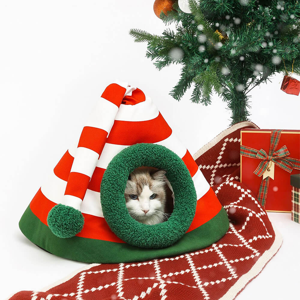 HolidayHaven weiches Weihnachtsbett für Katzen – geschwungene Silhouette, zugluftgeschützte Ränder