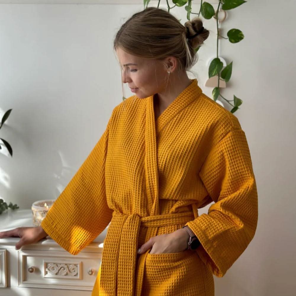 Halat de baie cu decolteu în V, din țesătură waffle CloudWeave — 100% bumbac, țesătură cu două straturi