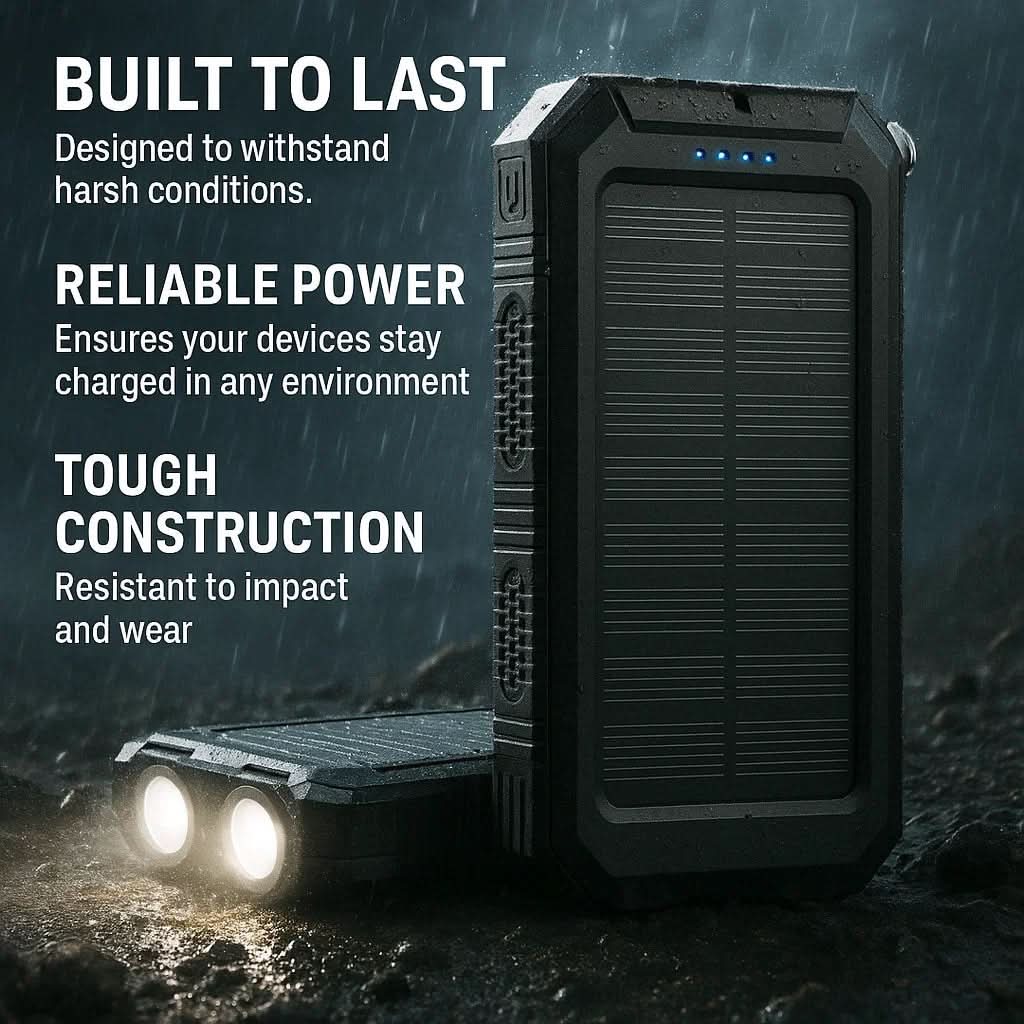 AeroVolt Waterproof Solar Power Bank — 10000mAh Capacity, Dual USB Ports