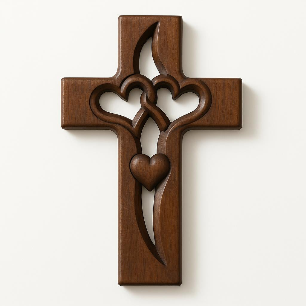 Handcrafted Wooden Cross Wall Decor — Intertwined Hearts