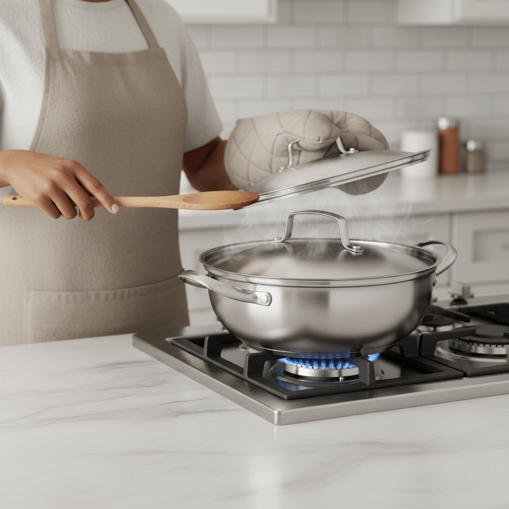 NovaCook Universal Stainless Steel Cooking Pot With Lid — Polished Silver Body