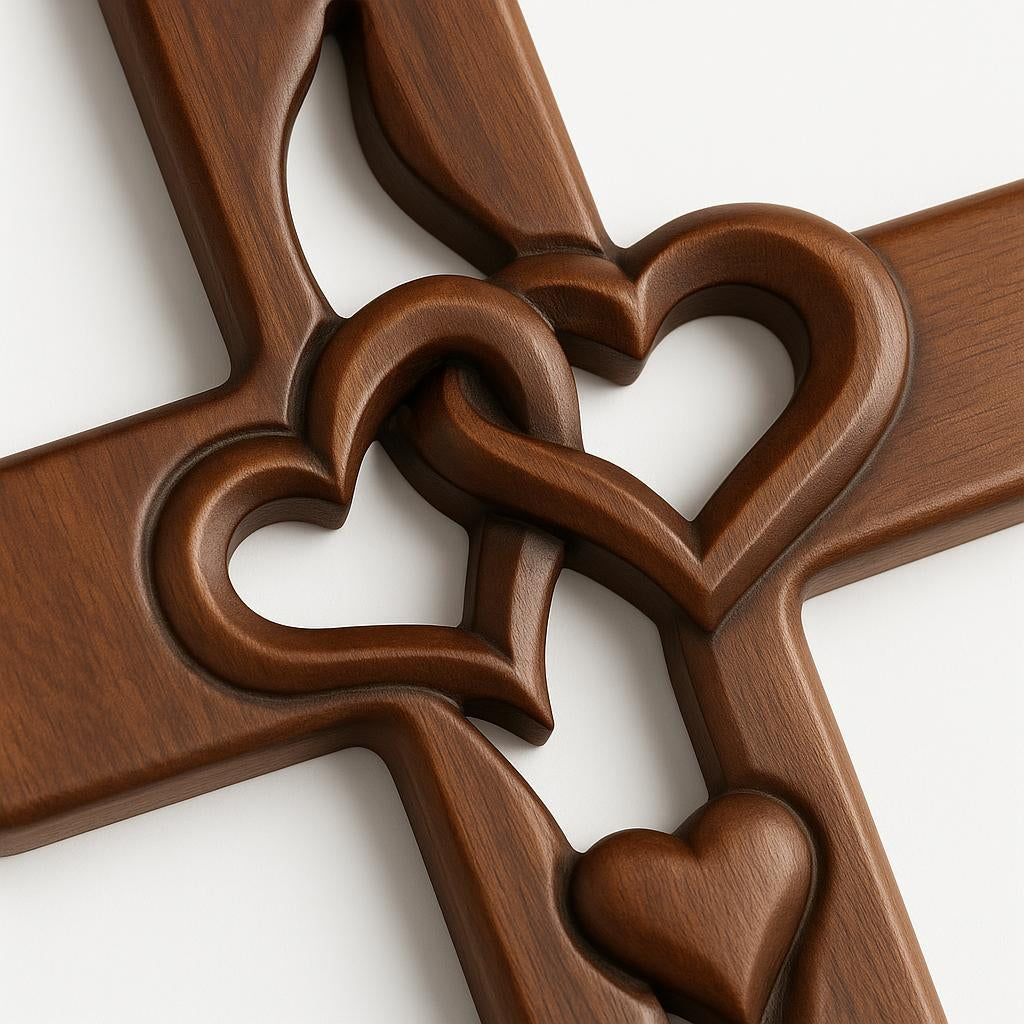 Handcrafted Wooden Cross Wall Decor — Intertwined Hearts