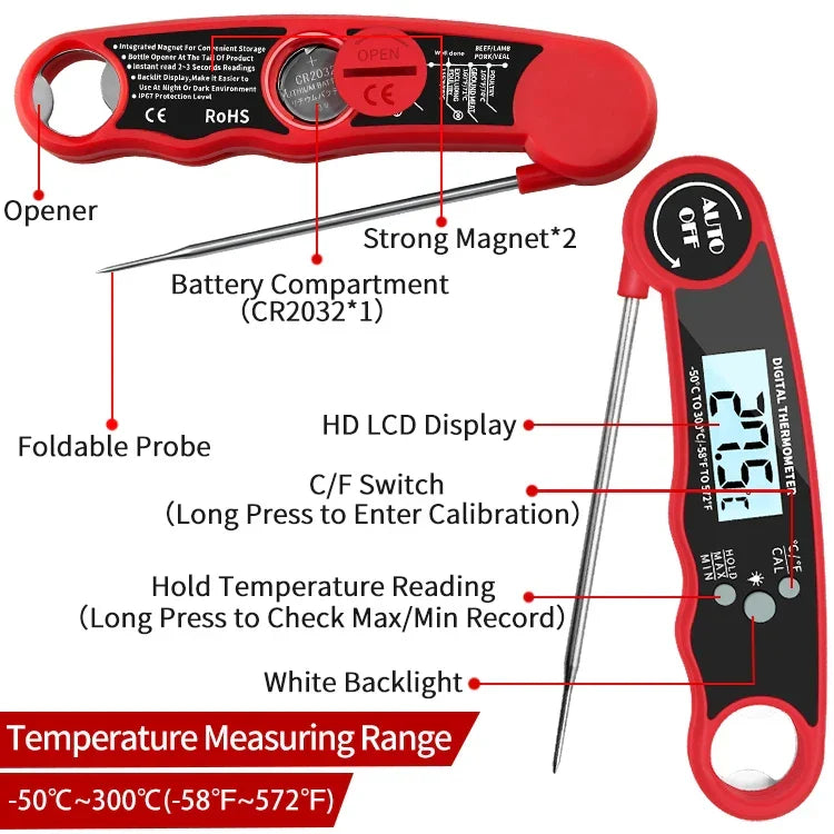 Snelle digitale barbecuethermometer — display met achtergrondverlichting, direct afleesbaar
