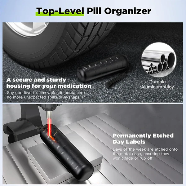 7-Day Aluminum Pill Case — Compact Travel Organizer with Compartments