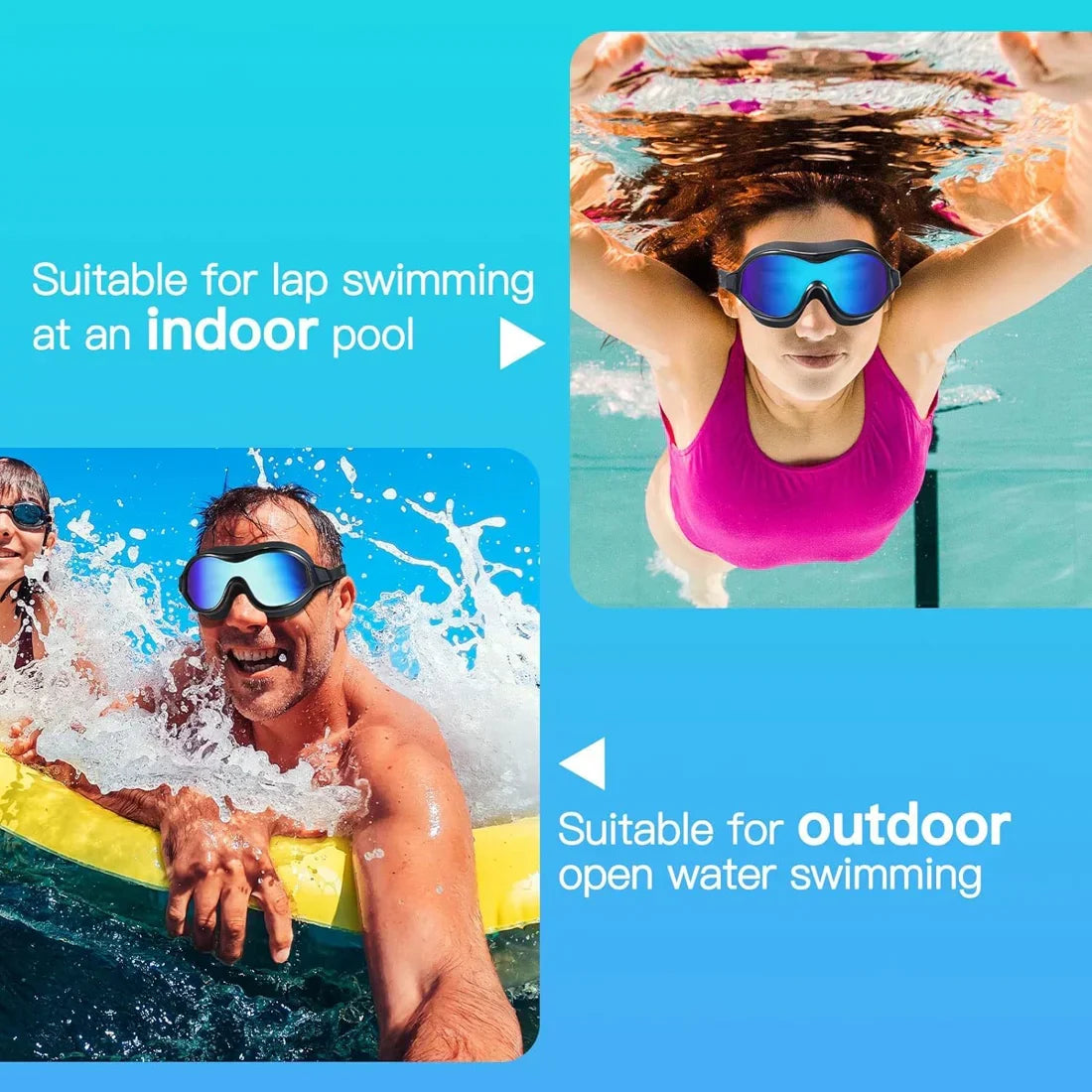 Gafas de natación antivaho para adultos — Visión amplia, ajuste seguro