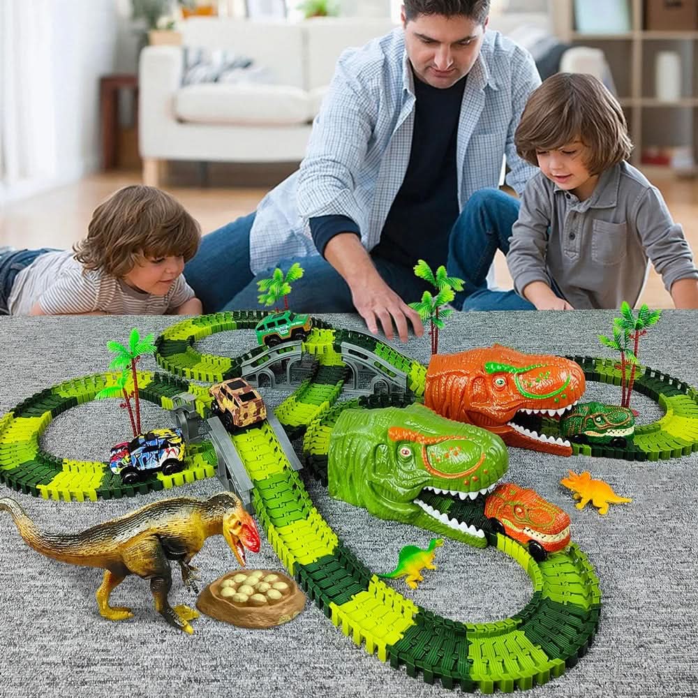 Jurassic-Track-Abenteuer-Interaktives-Dinosaurier-Zugset — Modulare Gleisstücke, schiebebetriebene Lokomotiven, ab 3 Jahren