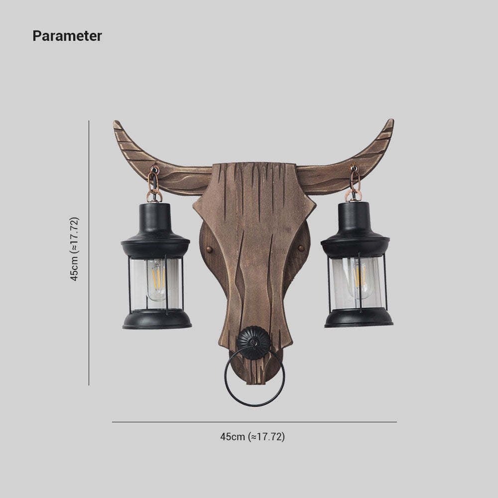 Austin Wall Lamp Bull Shape Vintage, 2 Heads Wood/Metal, Bedroom | ventumra