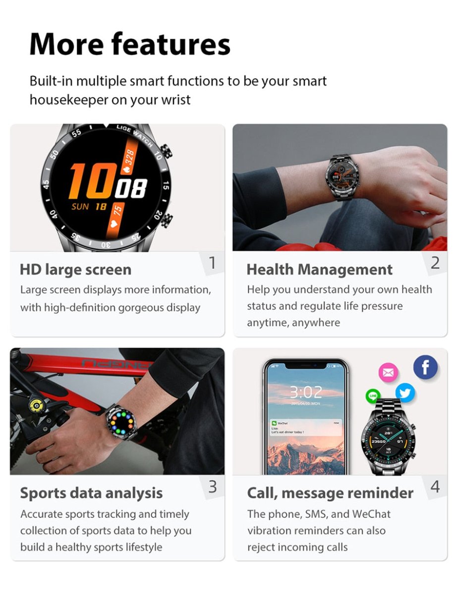 Smartwatch Bluetooth de luxo Aurelian — Bracelete em aço inoxidável, ecrã tátil completo, monitorização da saúde