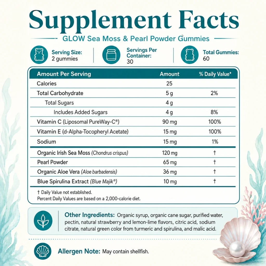 Glow Sea Moss & Pearl Gummies: door de oceaan aangedreven uitstraling & huidhydratatie