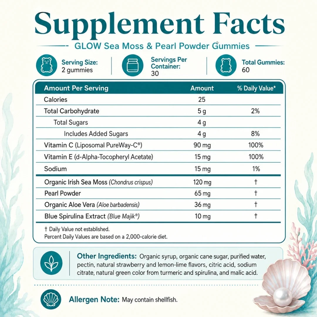 Glow Sea Moss & Pearl Gummies: door de oceaan aangedreven uitstraling & huidhydratatie