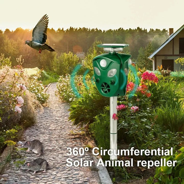 Zasilany energią słoneczną ultradźwiękowy odstraszacz zwierząt — ochrona 360°