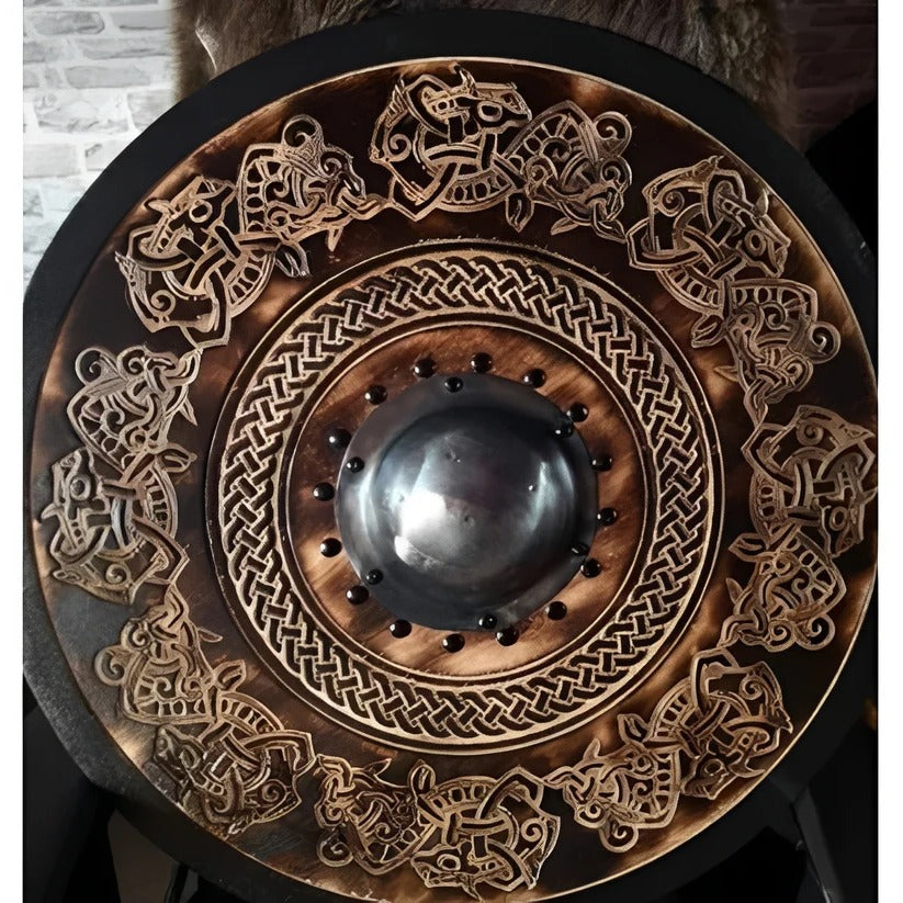 Medieval Round Wooden Shield with Unique Decorative Patterns