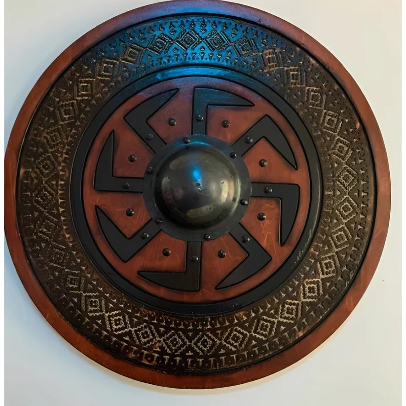 Medieval Round Wooden Shield with Unique Decorative Patterns