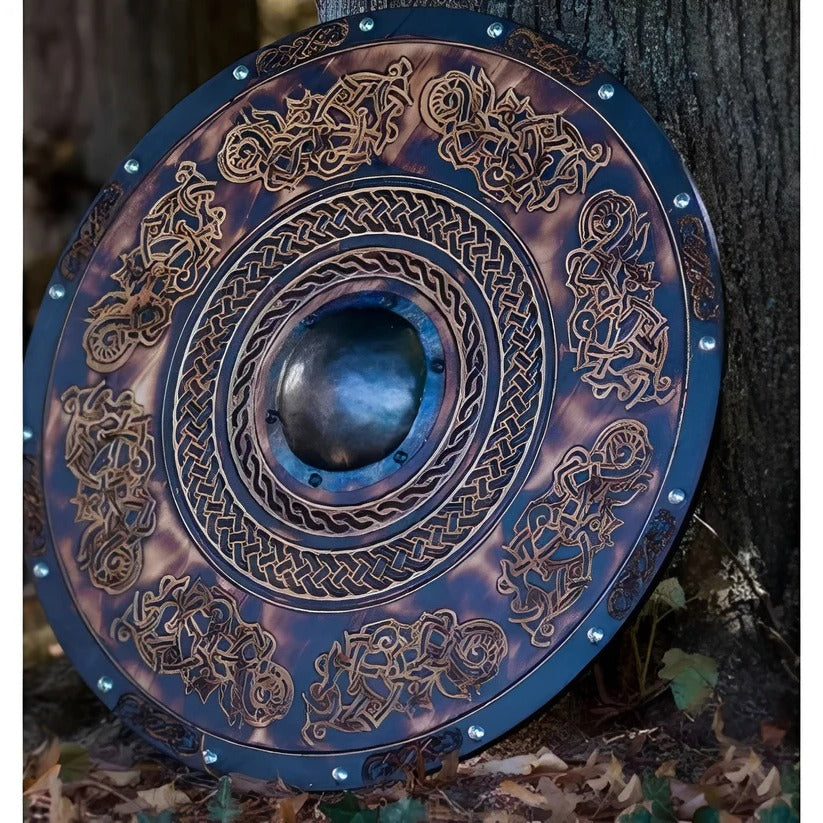 Medieval Round Wooden Shield with Unique Decorative Patterns