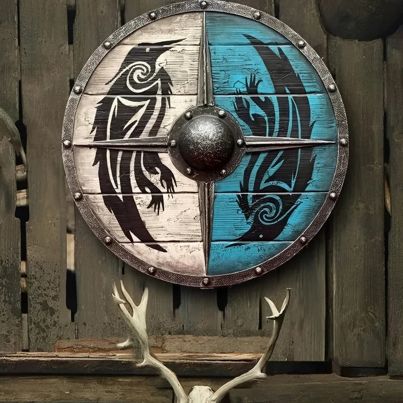 Medieval Round Wooden Shield with Unique Decorative Patterns