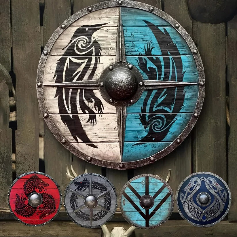 Medieval Round Wooden Shield with Unique Decorative Patterns