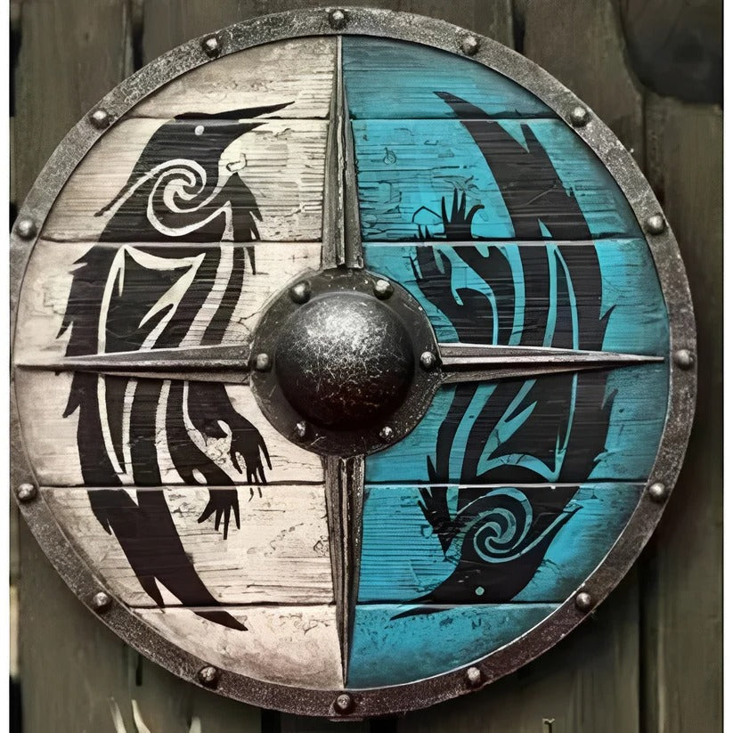 Medieval Round Wooden Shield with Unique Decorative Patterns