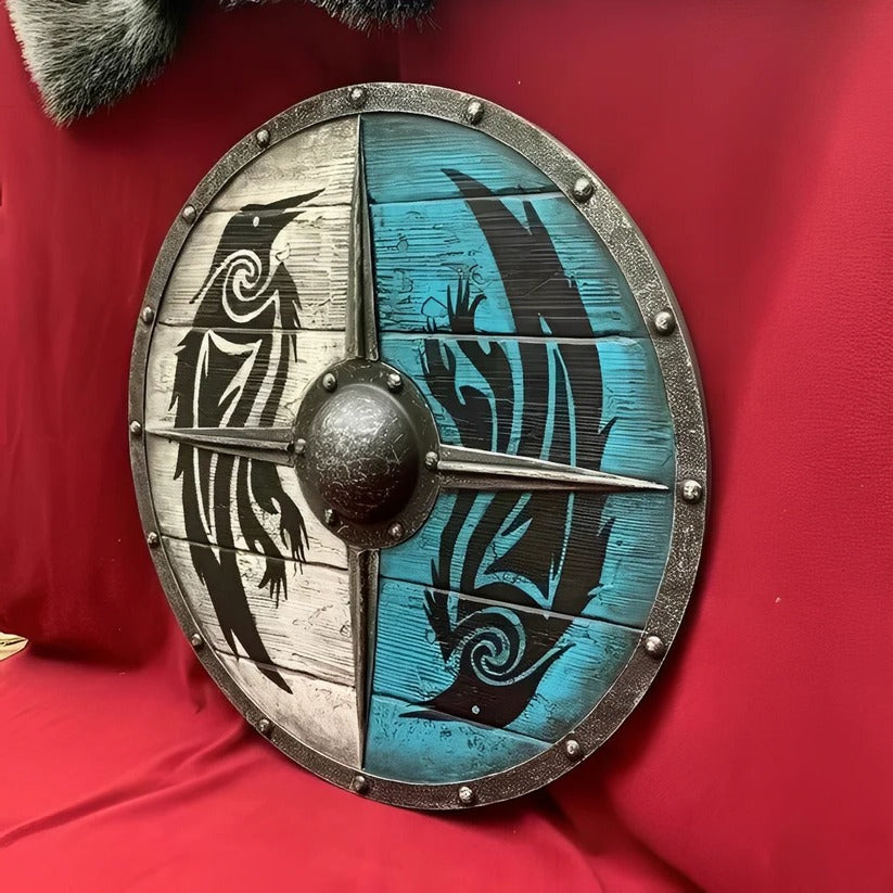 Medieval Round Wooden Shield with Unique Decorative Patterns
