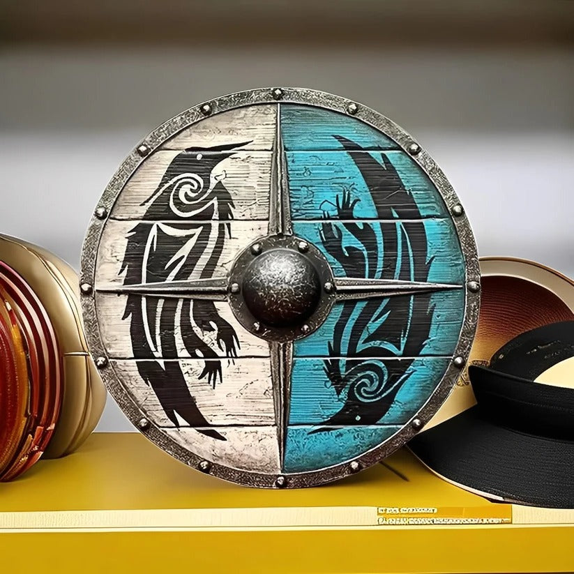 Medieval Round Wooden Shield with Unique Decorative Patterns