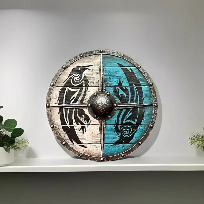 Medieval Round Wooden Shield with Unique Decorative Patterns