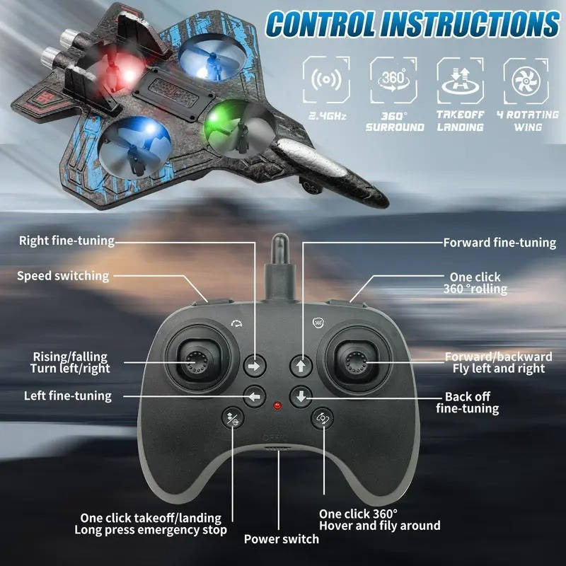 Kid-Friendly RC Jet Airplane — 360° Spins, LED Lights