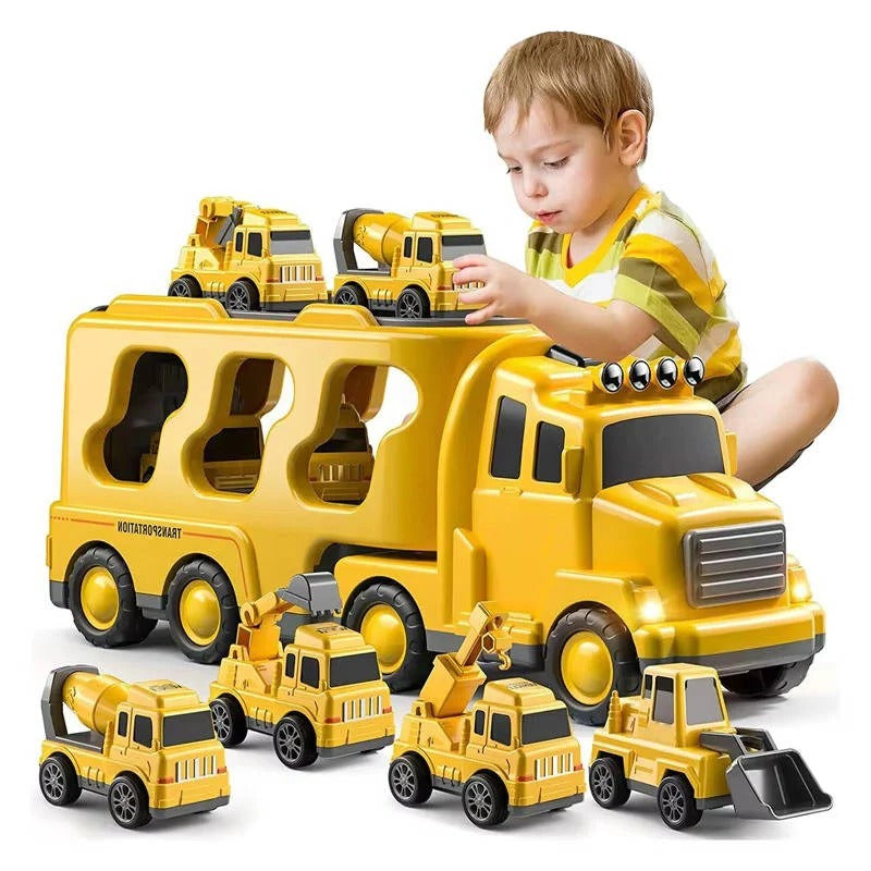 5-teiliges Baufahrzeug-Spielset - Transporter und Rampe