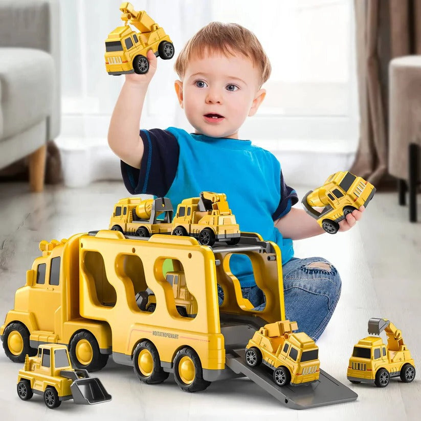 5-teiliges Baufahrzeug-Spielset - Transporter und Rampe