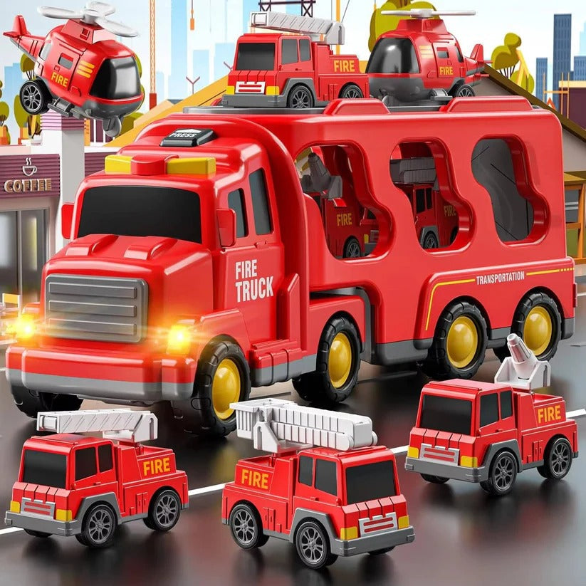 Leksaksset med brandbilstransportör - 4 minifordon, ljus och ljud