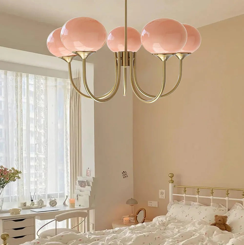 Valentina Retro Art Deco Globe Chandelier, White/Pink/Beige | ventumra