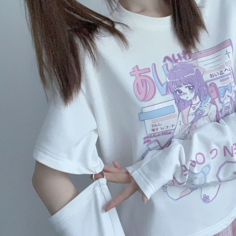 Anime Purple White Black Egirl Shooter Graphic Harajuku T Shirt & Arm Warmers | ventumra