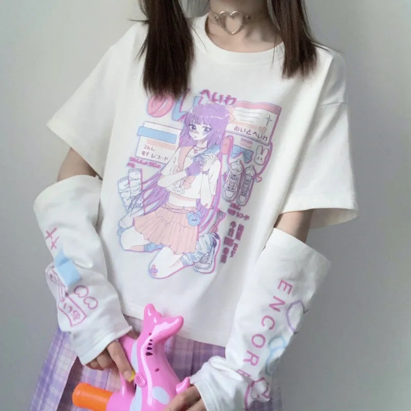Anime Purple White Black Egirl Shooter Graphic Harajuku T Shirt & Arm Warmers | ventumra