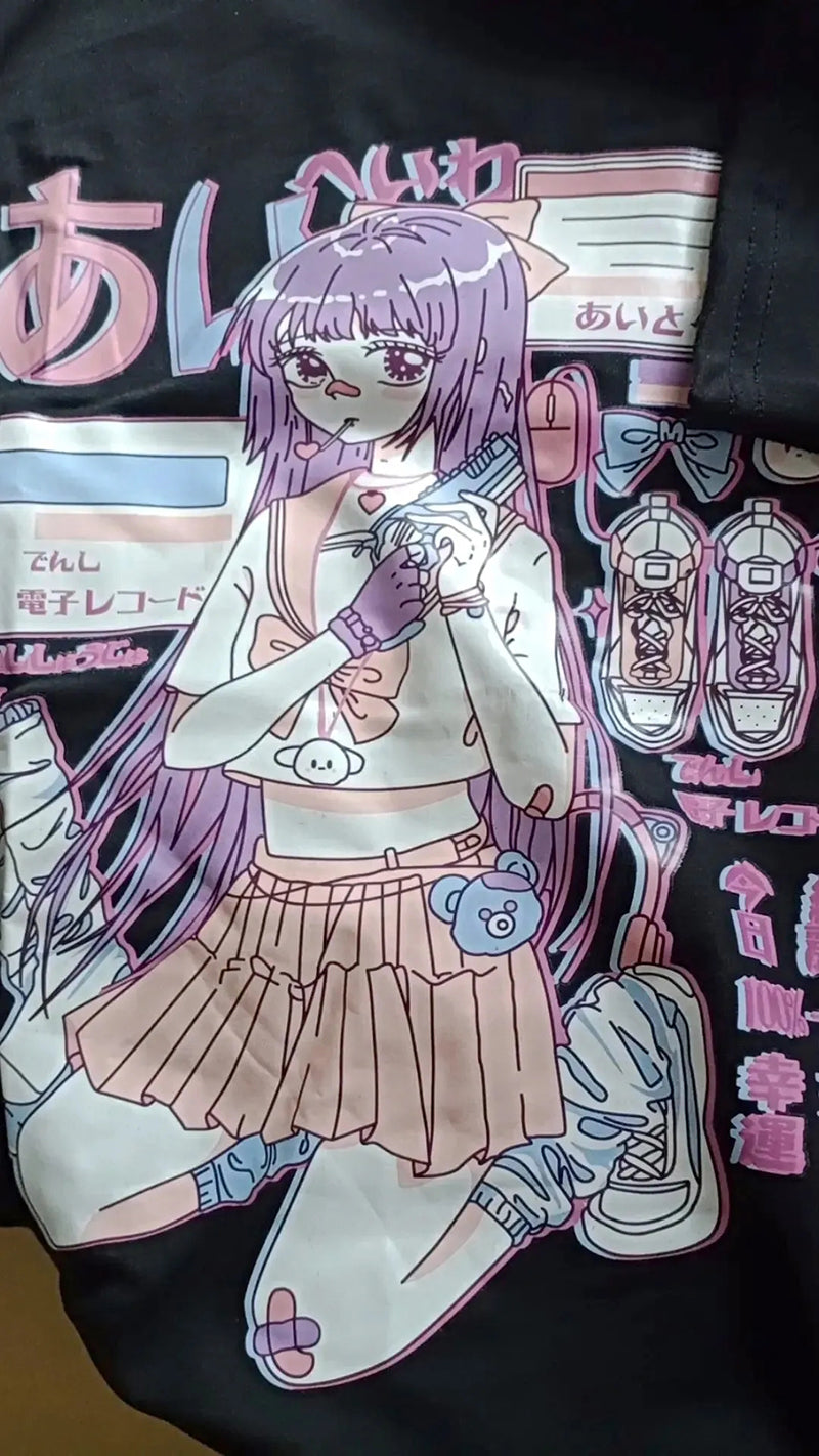 Anime Purple White Black Egirl Shooter Graphic Harajuku T Shirt & Arm Warmers | ventumra