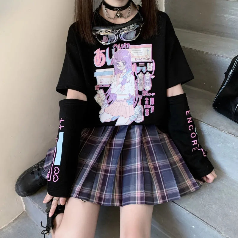 Anime Purple White Black Egirl Shooter Graphic Harajuku T Shirt & Arm Warmers | ventumra