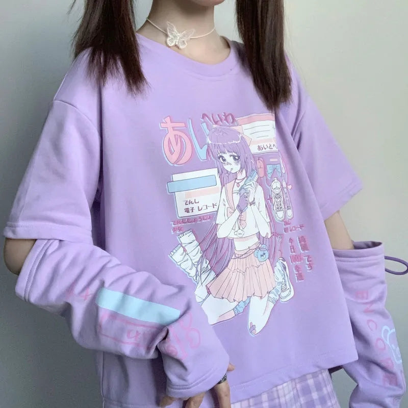 Anime Purple White Black Egirl Shooter Graphic Harajuku T Shirt & Arm Warmers | ventumra