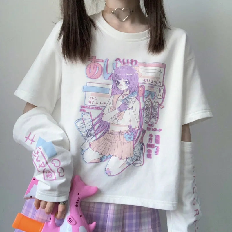 Anime Purple White Black Egirl Shooter Graphic Harajuku T Shirt & Arm Warmers | ventumra