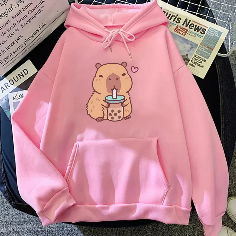 kawaiies-softtoys-plushies-kawaii-plush-Capybara Drinking Bubble Tea Unisex Hoodie Apparel 
