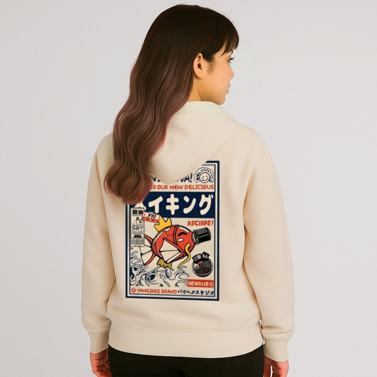 kawaiies-softtoys-plushies-kawaii-plush-Harajuku Japanese Fish Konnichiwa Poster Unisex Hoodie | NEW Apparel Pink S 