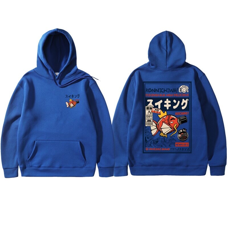 kawaiies-softtoys-plushies-kawaii-plush-Harajuku Japanese Fish Konnichiwa Poster Unisex Hoodie | NEW Apparel Gray S 