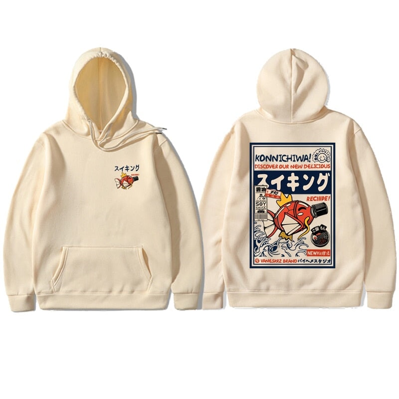 Harajuku Japanese Fish Konnichiwa Poster Unisex Hoodie | ventumra