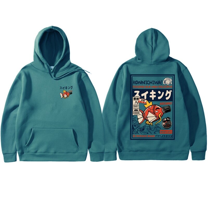Harajuku Japanese Fish Konnichiwa Poster Unisex Hoodie | ventumra