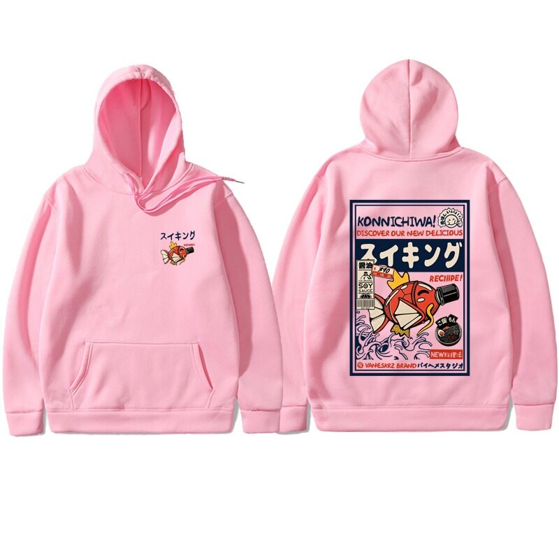 Harajuku Japanese Fish Konnichiwa Poster Unisex Hoodie | ventumra