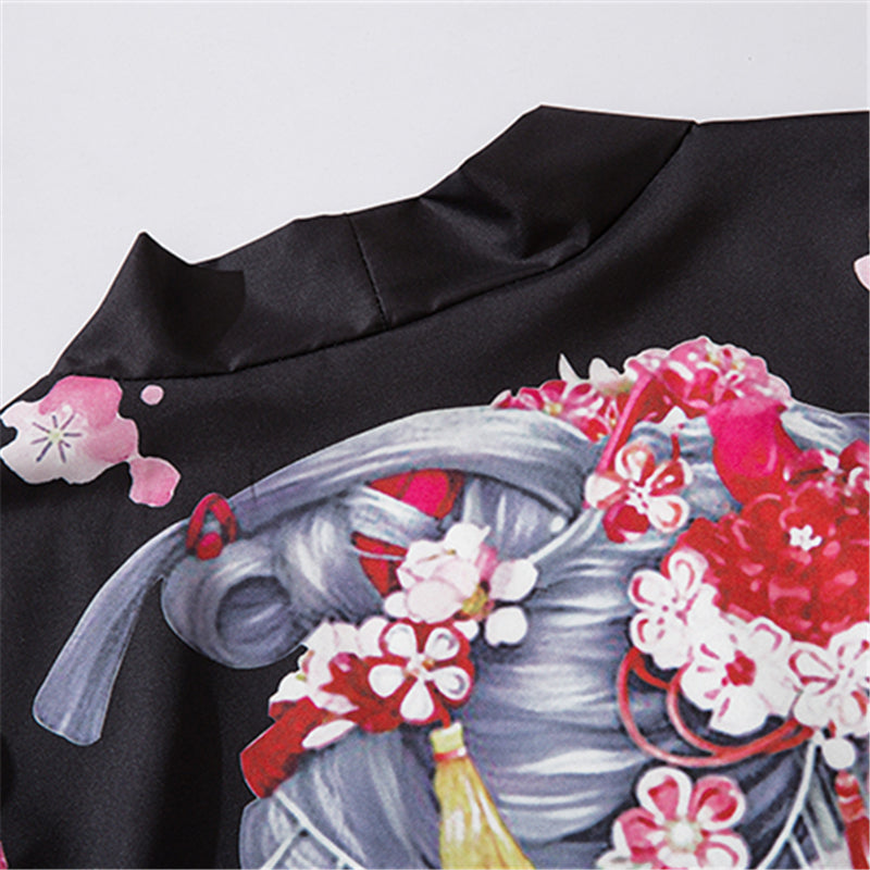 Japanese Sakura Black Red Anime Girl Long Kimono Cardigan Robes | ventumra