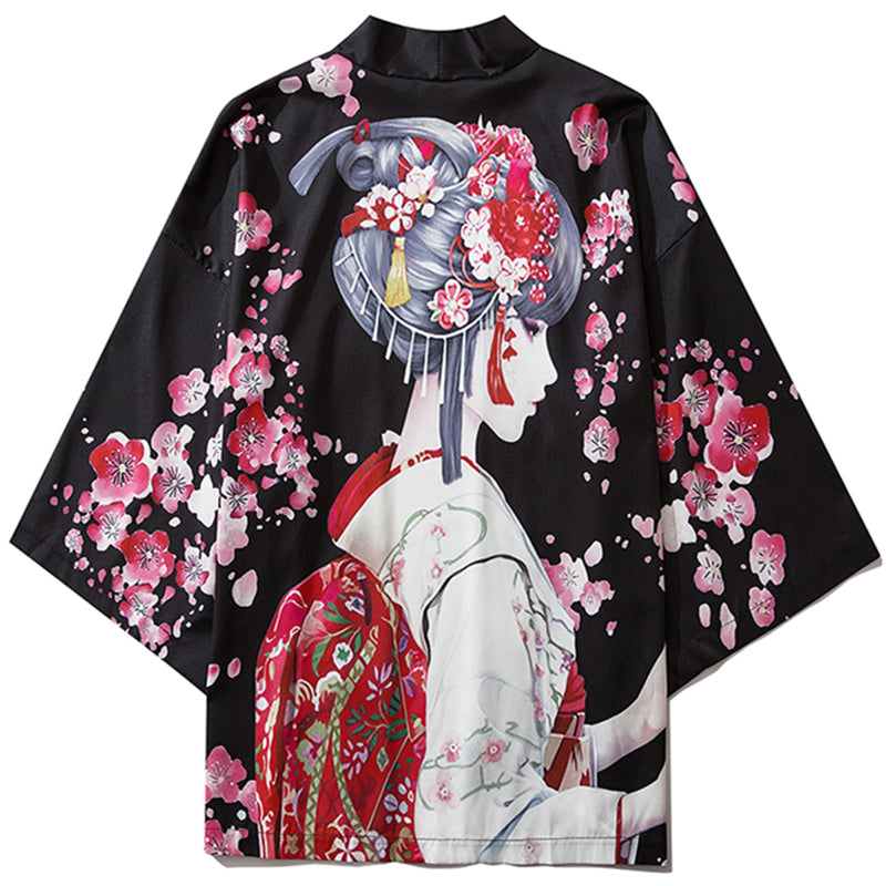 Japanese Sakura Black Red Anime Girl Long Kimono Cardigan Robes | ventumra