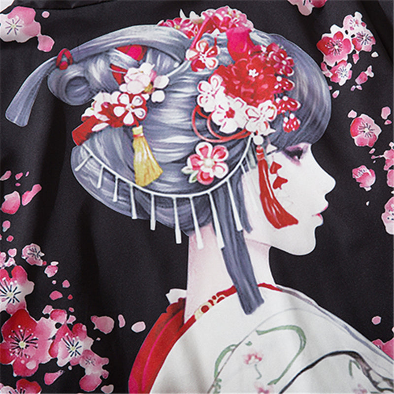 Japanese Sakura Black Red Anime Girl Long Kimono Cardigan Robes | ventumra